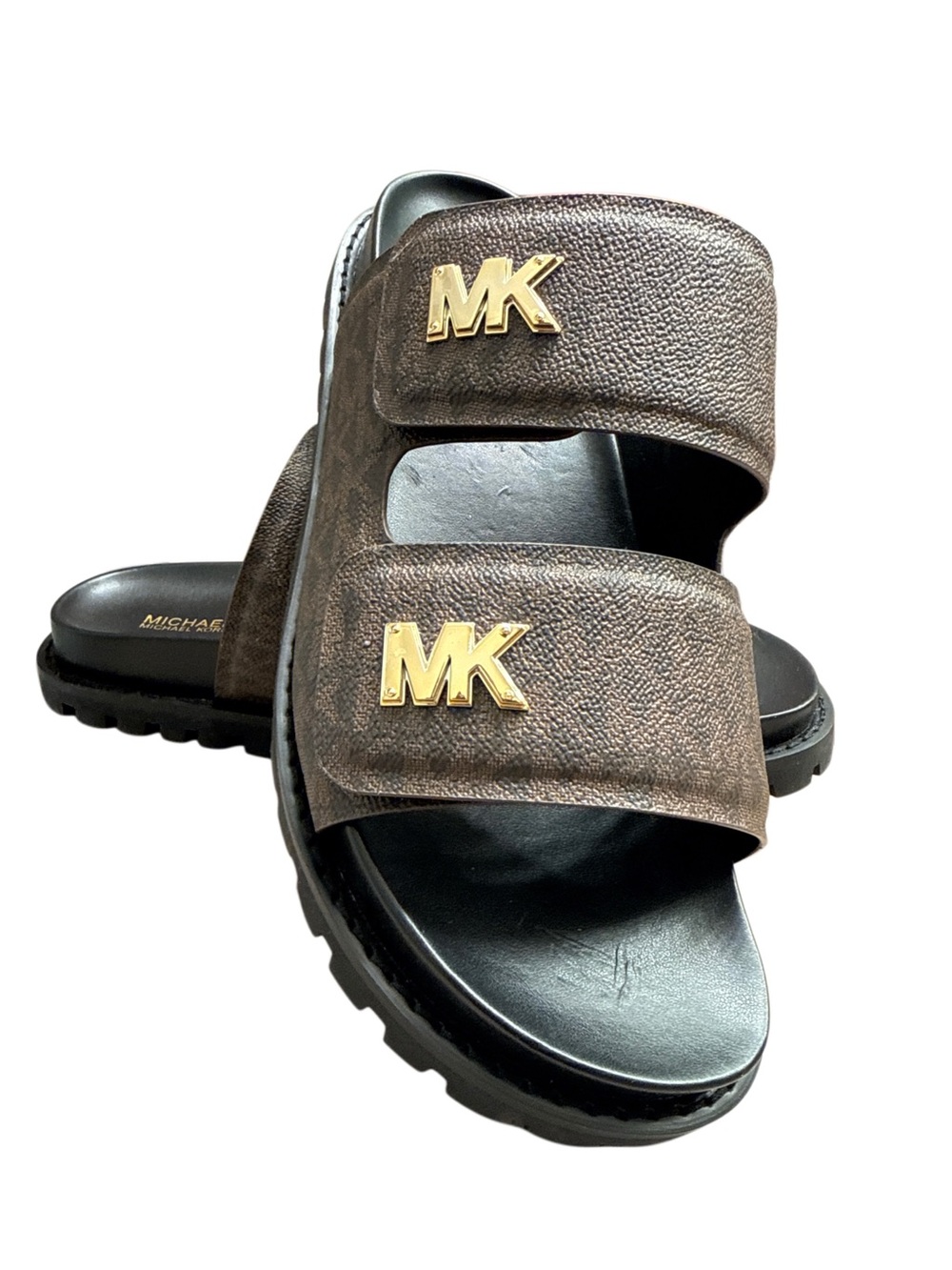 Michael Kors Brown Logo Double-Strap Slide Sandals with Gold Hardware